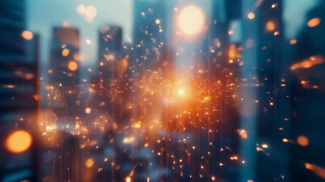 An abstract cityscape is blurred with orange light and streaks, creating a dreamy ambience