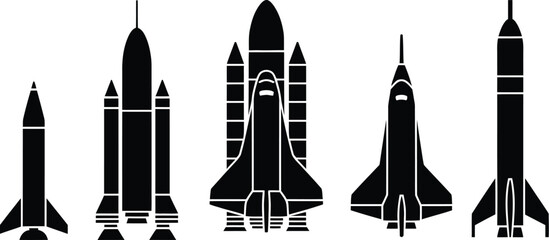 Rocket silhouette icon set, collection of rockets space shuttle and missile silhouettes for aerospace technology science exploration and transport design. © Mr. Tasin