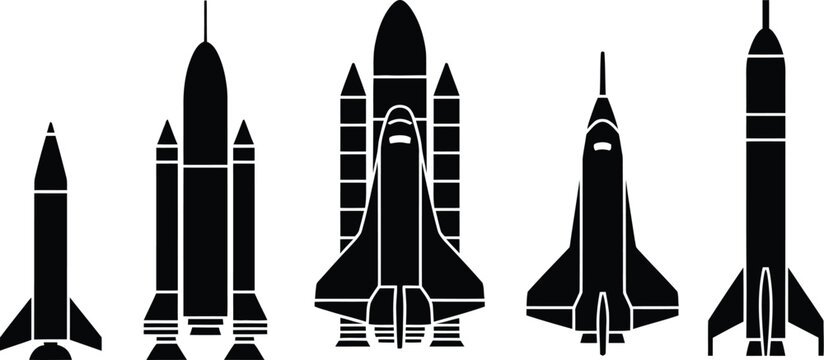 Rocket silhouette icon set, collection of rockets space shuttle and missile silhouettes for aerospace technology science exploration and transport design.