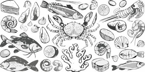 Vintage style illustration featuring various seafood and marine life elements © Juran