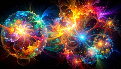 Obraz premium Radiant spheres interconnected by swirling energy filaments, multicolored spectrum against dark background, symbolizing cosmic particles, energy fields, and abstract universal phenomena.