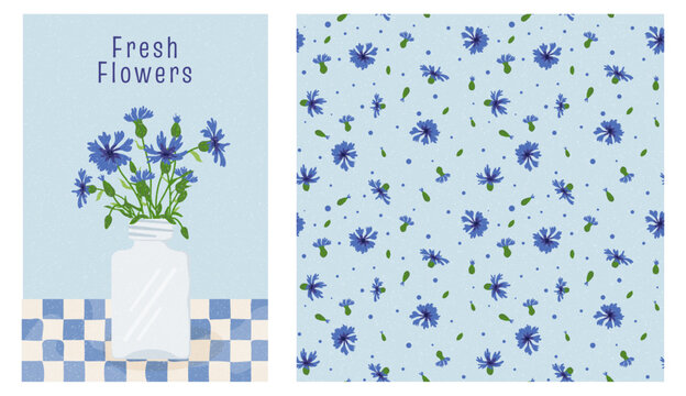 A bouquet of cornflowers in a glass vase and a seamless floral pattern. Botanical illustration with blue wildflowers on a blue background. Graphic design element for textiles and stationery.