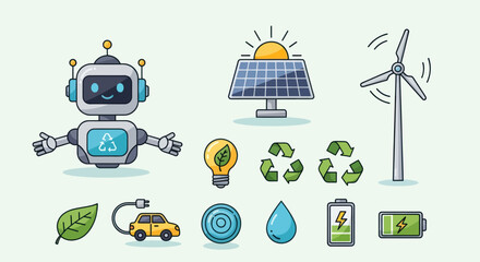 Eco-friendly technology icons: robot, solar panel, wind turbine, electric car, light bulb © Roti