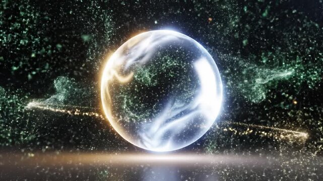 Glowing sphere abstract energy cosmic light futuristic digital fantasy green gold orbs collide outer space, creating vibrant swirling illumination, dynamic particle trails, and magical starry
