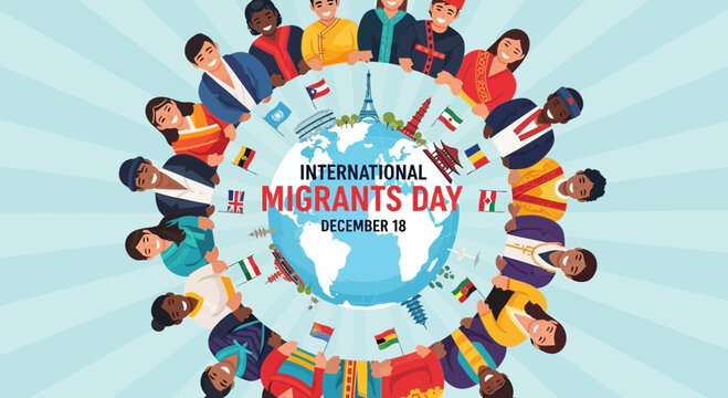 International Migrants Day: Diverse People Unite Around Globe, Flags, Landmarks