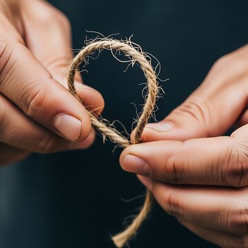 Hands expertly form a small loop with rustic twine on deep backdrop
