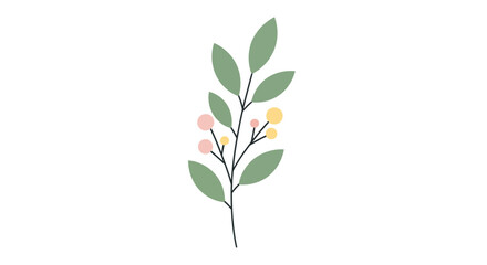 Obraz premium Minimalist botanical branch with green leaves and pastel berries, isolated on white