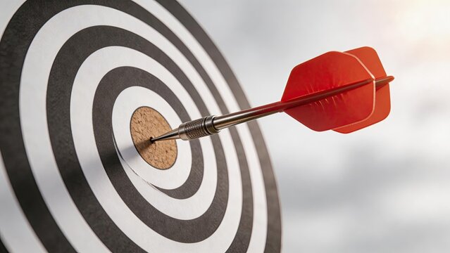 Red dart arrow hitting bullseye center of target board symbolizing business goal achievement marketing success precision strategy focus accuracy winning concept leadership and
