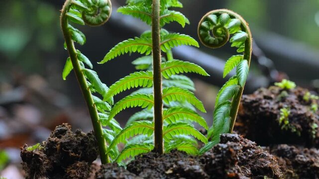 Close-up of young fern plants growing in soil, fiddlehead ferns unfurling, green foliage, natural blurred background