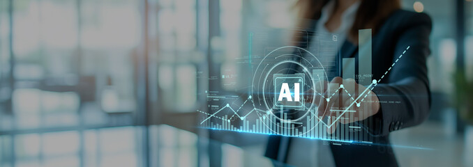 Fototapeta premium Professional business woman analyzing data with AI symbol and upward graph in a modern workspace, illustrating strategic planning, analytics and business success.