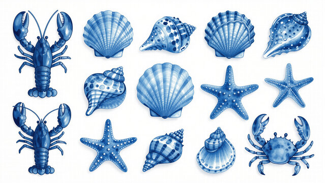 Collection of blue watercolor style marine elements including fish lobsters and shells for coastal restaurant menus maritime graphic design and summer decor.