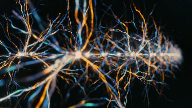 electric axon fibers transmitting rapid neural signals, extreme closeup with orange and blue currents, synaptic firing and spike propagation, high detail microscopic aesthetics, scientific