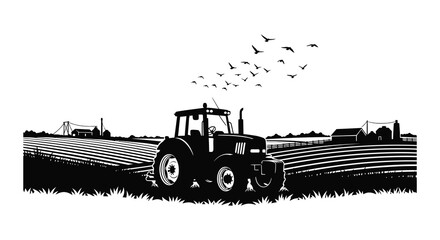 A striking black and white illustration depicts a tractor working in a field with birds flying overhead silhouette high quality professional © GDOthoi02