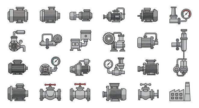 A collection of industrial machinery icons including pumps valves and gauges presented in a flat gray silhouette high quality professional detailed