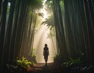 Woman Walking Through a Mystical Bamboo Forest with Sun Rays.