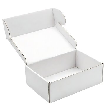 Empty open white cardboard tuck top mailer box isolated on white background