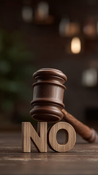 Wooden Hammer on NO: A close-up shot of a wooden gavel resting atop the word NO, set against a blurred background, perhaps hinting at a legal dispute.