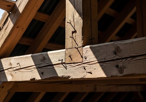 Wooden roof structure with exposed beams and rafters