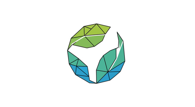 Abstract geometric logo design, 3d origami sphere, green and blue gradient, clean white background