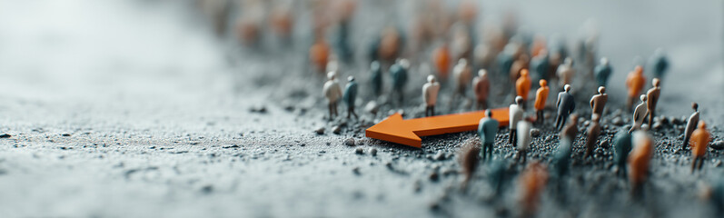 Obraz premium Leading the Way: An eye-level shot captures a vibrant orange arrow guiding a crowd of miniature figures, representing the essence of leadership and the journey of progress.
