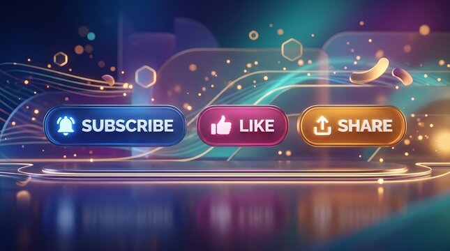 Striking digital interface buttons featuring subscribe like and share icons illuminate the dark background