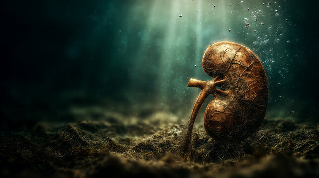 Underwater kidney: An artistic representation of a human kidney submerged in an aquatic environment, offering a surreal view and an abstract perspective on human anatomy