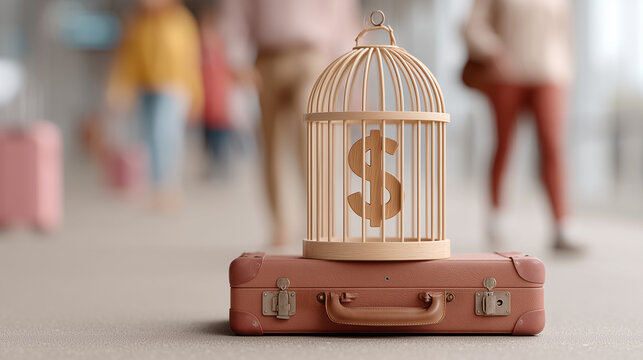 Money Caged: Conceptual image depicting a dollar sign enclosed in a birdcage, resting on top of a suitcase, symbolizing the constraints on financial freedom, money in travel
