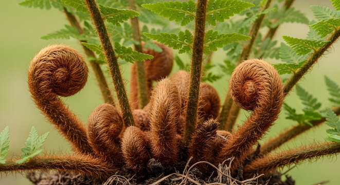 Macro shot of young furry brown fiddleheads of a deersfoot fern plant unfolding