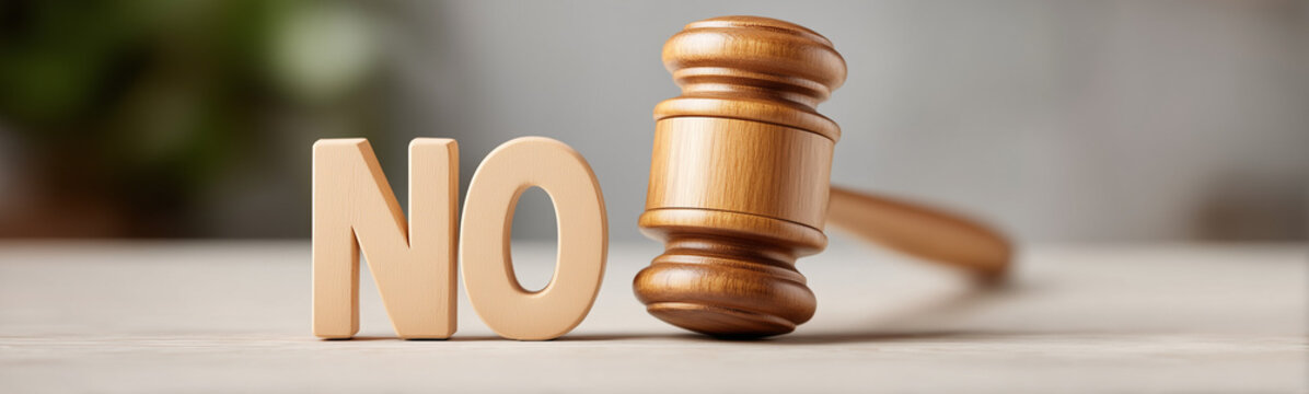 Wooden NO Word and Gavel: A wooden NO stands strong, beside a gavel. Symbolizing denial, refusal, and authoritative decisions.