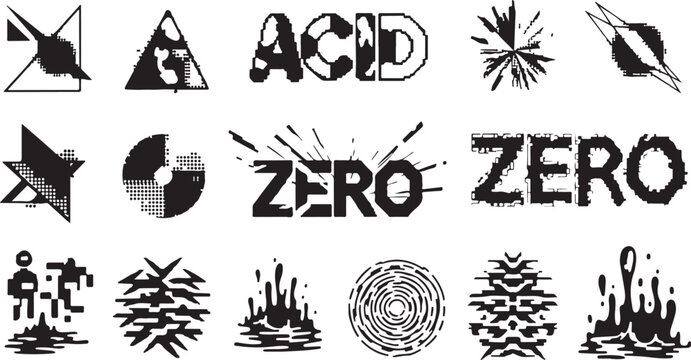 Acid bitmap creative vector pack featuring geometric shapes, Y2K inspired elements, halftone textures, experimental lettering and abstract pixel figures. Tribal motifs and liquid human forms in monoch