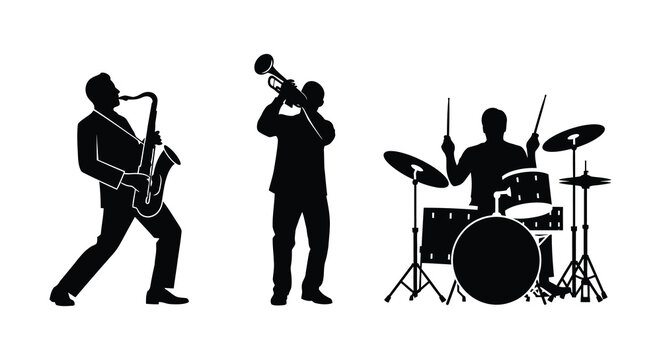 A striking black silhouette depicts a jazz trio performing with a saxophone trumpet and drum set silhouette high quality professional detailed