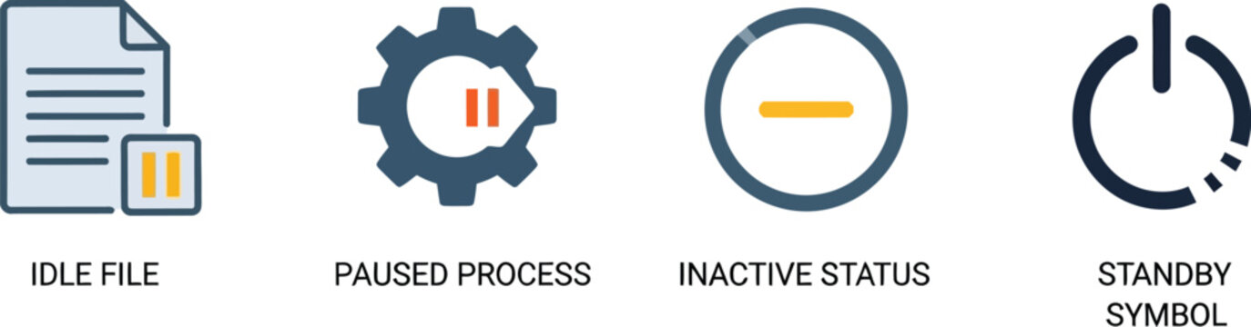 A collection of four distinct digital icons visually represents various states of system activity, including idle files, paused processes, inactive status, and a standby symbol, useful for user.