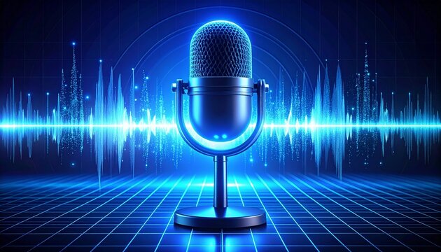A microphone glowing vibrantly in a digital soundscape, illustrating sound waves and audio recording