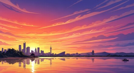 Fototapeta premium A vibrant evening sunset reflects over the Venice city river as the architecture glows under a dusk sky, creating a beautiful travel landscape where water meets the historic cityscape skyline
