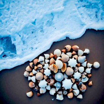 a beautiful winter beach scene, soft snow covering the sandy shore, gentle ocean waves touching icy edges, pastel sunset sky with pink and orange tones, seashells partially covered in snow