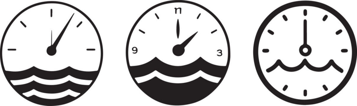Set of three circular analog gauge icons with wave pattern designs and moving pointer indicator