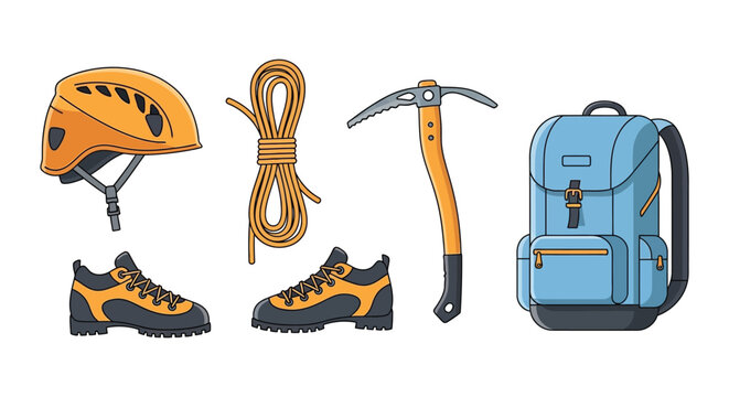 Colorful cartoon illustration depicting climbing gear including a helmet rope ice axe and backpack silhouette high quality professional detailed modern elegant