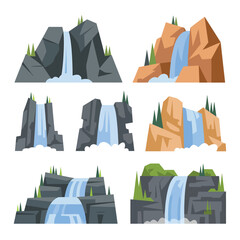 Stylized illustrations of mountain landscapes featuring cascading waterfalls © FAS