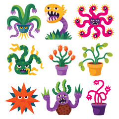 Fototapeta premium Colorful cartoon monster plants in pots and abstract shapes collection