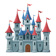 Fototapeta premium A whimsical cartoon illustration of a colorful fairytale castle with flags