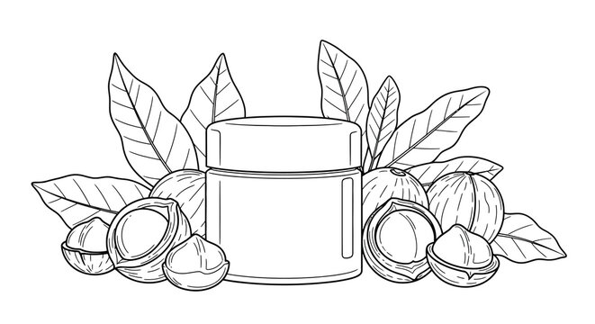 Sketch of cosmetic jar surrounded by walnuts and leaves