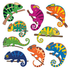 Obraz premium Colorful chameleons clinging to branches in a cartoon illustration style
