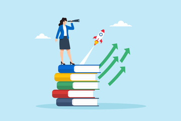 Flat illustration of businesswoman standing on tall stack of books using telescope watching rocket launch symbolizing startup business growth and career development strategy