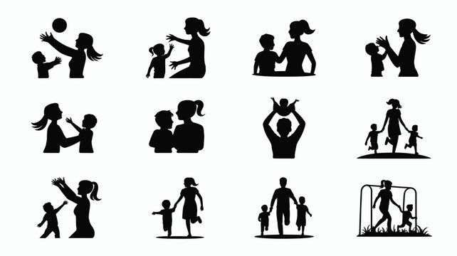 Black silhouette icons of parents and children playing together in various fun activities
