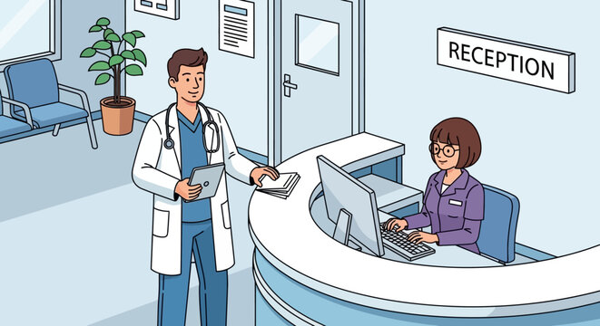 Professional female receptionist working on a computer at a hospital reception desk, with a doctor in the background, in a clinic lobby.