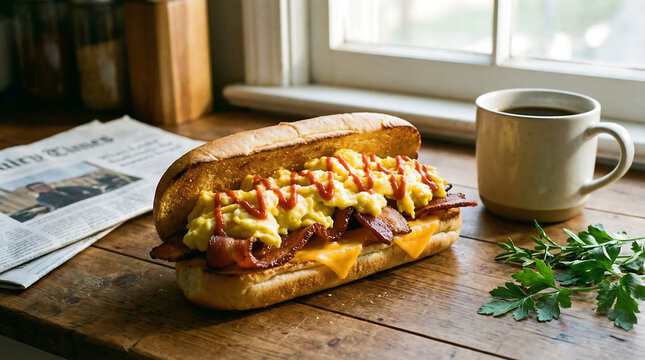 A hearty breakfast hoagie sandwich filled with scrambled eggs, crispy bacon, and melted cheese, drizzled with ketchup
