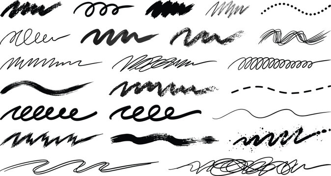 Set of 20 unique hand drawn scribble and underline elements with sketchy strokes for highlights, branding, social media, note taking, web design and creative layouts