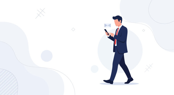 Businessman walking and checking smartphone with email notification, modern abstract background