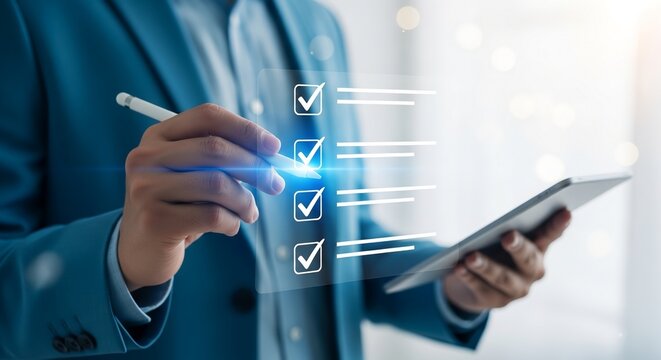 Business professional with a pen in hand checking off items on a digital checklist on a tablet, representing productivity and task management