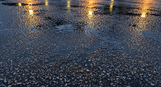 High angle view of wet dark asphalt road surface with reflections of city lights